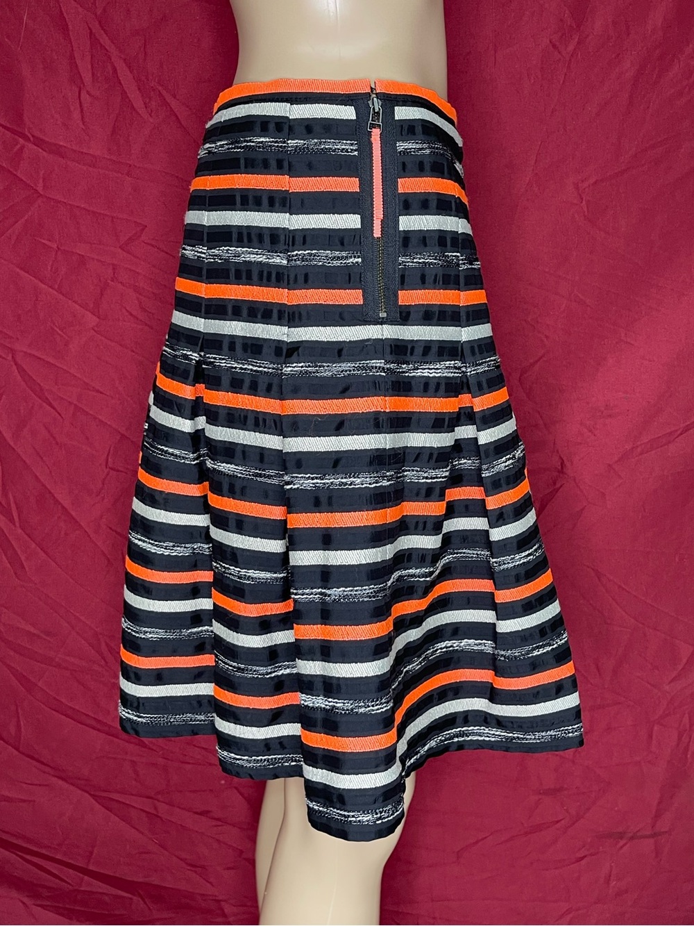 Anthropologie HD in Paris Neon Orange Black Striped Pleated Skater Skirt Size 2 - Picture 2 of 6